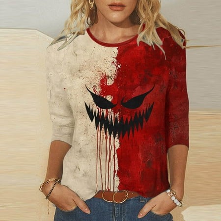 SZJXBUY 3/4 Sleeve Tee Shirts for Women Halloween Shirts for Women Crewneck Tunic Tshirt Cute Ghost Graphic Tee 2024 Fall Outfits Funny Gifts Tops Red