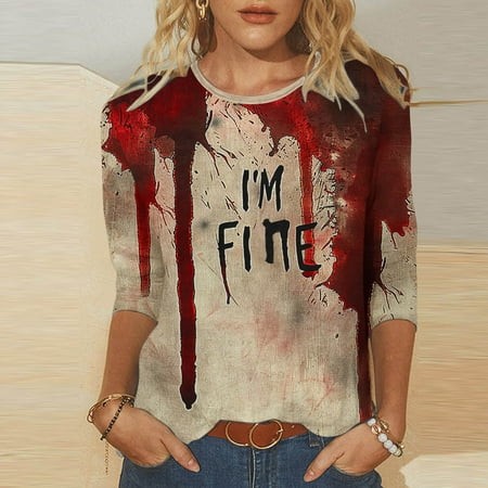 SZJXBUY Women Blouses 3/4 Sleeve Halloween Shirts for Women Crewneck Tunic Tshirt Cute Ghost Graphic Tee 2024 Fall Outfits Funny Gifts Tops Khaki M