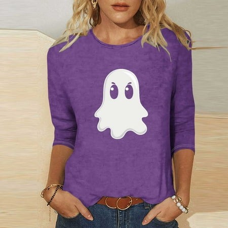 SZJXBUY Women S 3/4 Sleeve T Shirts 2024 Halloween Shirts for Women Cute Vintage Ghost Graphic Tees Crewneck Tops Halloween Funny Gift T Shirt Purple 