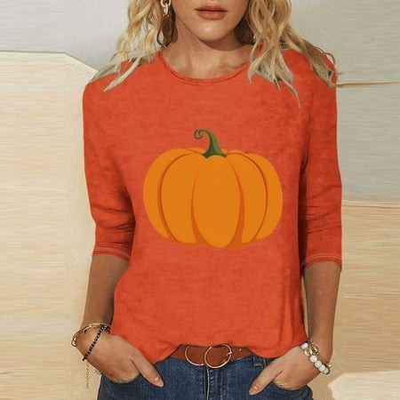 SZJXBUY 3/4 Length Sleeve Womens Tops 2024 Halloween Shirts for Women Cute Vintage Ghost Graphic Tees Crewneck Tops Halloween Funny Gift T Shirt Orang