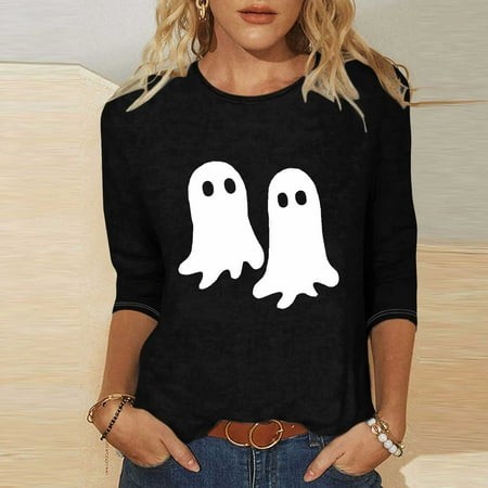 SZJXBUY Womens Tunic Tops 3/4 Sleeve 2024 Halloween Shirts for Women Cute Vintage Ghost Graphic Tees Crewneck Tops Halloween Funny Gift T Shirt Black 
