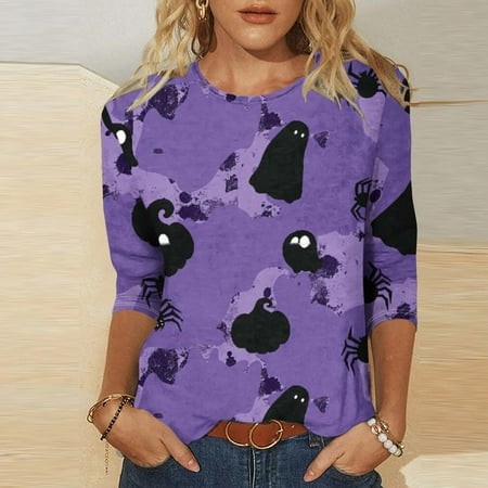 SZJXBUY 3/4 Length Sleeve Shirts for Women Halloween Shirts for Women 3/4 Sleeves Womens Tops 2024 Fall Tshirts Casual Crewneck Ghost Graphic Tee Shir