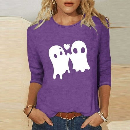 SZJXBUY Women Tops 3/4 Sleeve 2024 Halloween Shirts for Women Cute Vintage Ghost Graphic Tees Crewneck Tops Halloween Funny Gift T Shirt Purple M