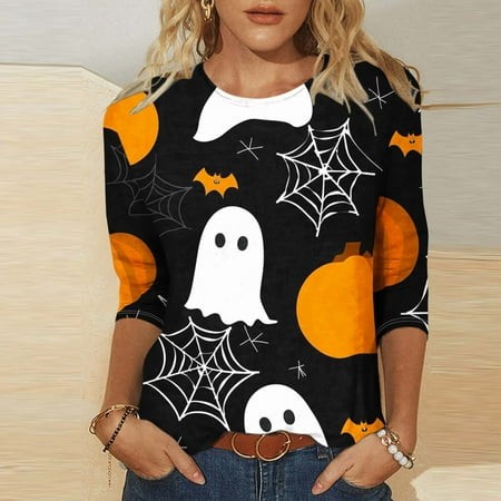 SZJXBUY 3/4 Length Sleeve Women S T Shirts Halloween Shirts for Women 3/4 Sleeves Womens Tops 2024 Fall Tshirts Casual Crewneck Ghost Graphic Tee Shir