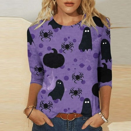 SZJXBUY 3/4 Length Sleeve Womens T Shirt Halloween Shirts for Women 3/4 Sleeves Womens Tops 2024 Fall Tshirts Casual Crewneck Ghost Graphic Tee Shirt 