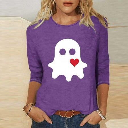 SZJXBUY Women Shirts 3/4 Sleeve 2024 Halloween Shirts for Women Cute Vintage Ghost Graphic Tees Crewneck Tops Halloween Funny Gift T Shirt Purple XXXL