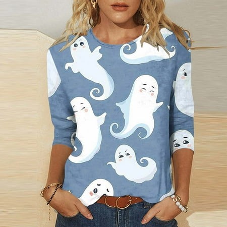 SZJXBUY 3/4 Length Sleeve Womens Tops Halloween 2024 Halloween Shirts for Women Cute Vintage Ghost Graphic Tees Crewneck Tops Halloween Funny Gift T S