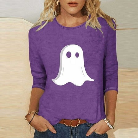 SZJXBUY Women S 3/4 Sleeve Tops and Blouses 2024 Halloween Shirts for Women Cute Vintage Ghost Graphic Tees Crewneck Tops Halloween Funny Gift T Shirt