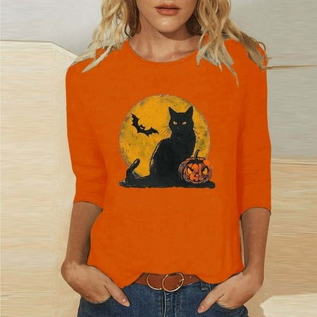 SZJXBUY Women S 3/4 Sleeve Blouse 2024 Halloween Shirts for Women Cute Vintage Ghost Graphic Tees Crewneck Tops Halloween Funny Gift T Shirt Orange S