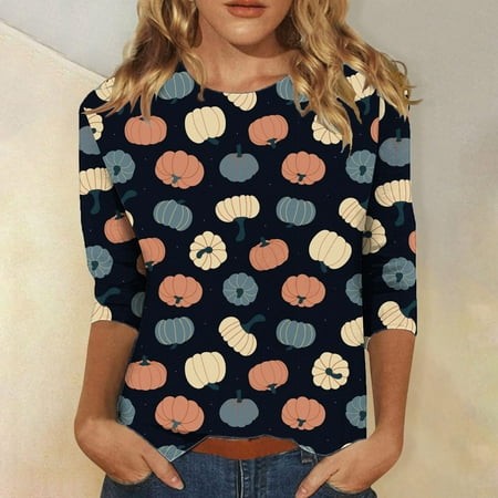 SZJXBUY Halloween Shirts for Women Womens Ghost Shirts 3/4 Length Sleeve Womens Tops Crew Neck Tshirts Printed Cute Shirts Halloween Costumes 2024 Ora