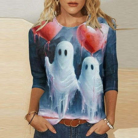 SZJXBUY Women Blouse  Halloween Shirts for Women 3/4 Length Sleeve Womens Tops 2024 Fall Tshirts Casual Crewneck Ghost Graphic Tee Shirt Multicolor XX