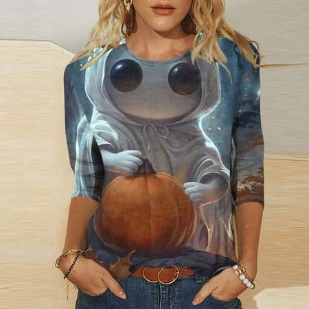 SZJXBUY Womens Blouses Halloween Shirts for Women 3/4 Length Sleeve Womens Tops 2024 Fall Tshirts Casual Crewneck Ghost Graphic Tee Shirt Multicolor X