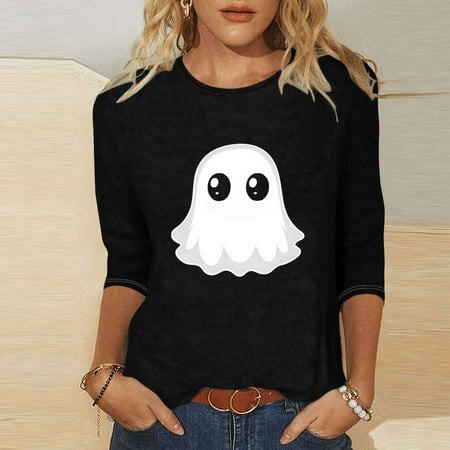 SZJXBUY Womens Shirt 3/4 Sleeve 2024 Halloween Shirts for Women Cute Vintage Ghost Graphic Tees Crewneck Tops Halloween Funny Gift T Shirt Black M