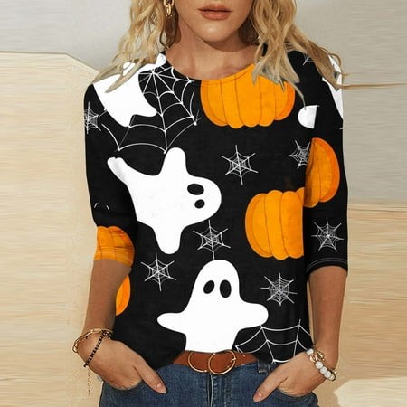SZJXBUY 3/4 Length Sleeve Women S Blouse Halloween Shirts for Women 3/4 Sleeves Womens Tops 2024 Fall Tshirts Casual Crewneck Ghost Graphic Tee Shirt 