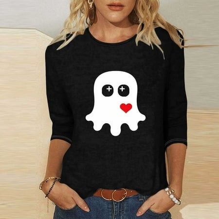 SZJXBUY 3/4 Sleeve T Shirts for Women 2024 Halloween Shirts for Women Cute Vintage Ghost Graphic Tees Crewneck Tops Halloween Funny Gift T Shirt Black