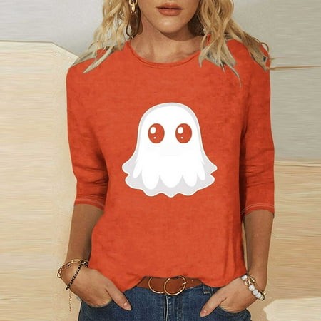 SZJXBUY Womens Shirt 3/4 Sleeve 2024 Halloween Shirts for Women Cute Vintage Ghost Graphic Tees Crewneck Tops Halloween Funny Gift T Shirt Orange XL