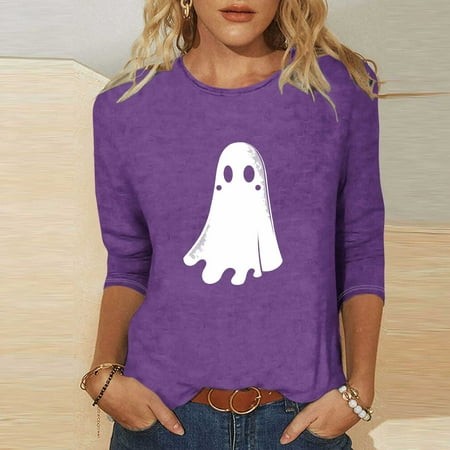 SZJXBUY Women S 3/4 Sleeve Tops 2024 Halloween Shirts for Women Cute Vintage Ghost Graphic Tees Crewneck Tops Halloween Funny Gift T Shirt Purple M