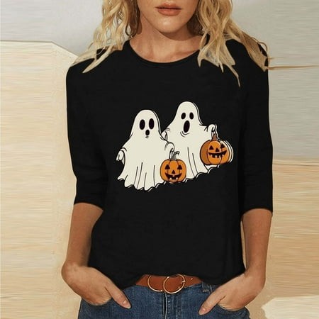 SZJXBUY 3/4 Sleeve Tee Shirts for Women 2024 Halloween Shirts for Women Cute Vintage Ghost Graphic Tees Crewneck Tops Halloween Funny Gift T Shirt Bla