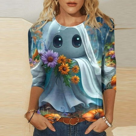 SZJXBUY Women Shirts  Halloween Shirts for Women 3/4 Length Sleeve Womens Tops 2024 Fall Tshirts Casual Crewneck Ghost Graphic Tee Shirt Multicolor XX