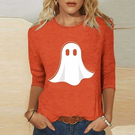 SZJXBUY Women S 3/4 Sleeve Shirts 2024 Halloween Shirts for Women Cute Vintage Ghost Graphic Tees Crewneck Tops Halloween Funny Gift T Shirt Orange XX