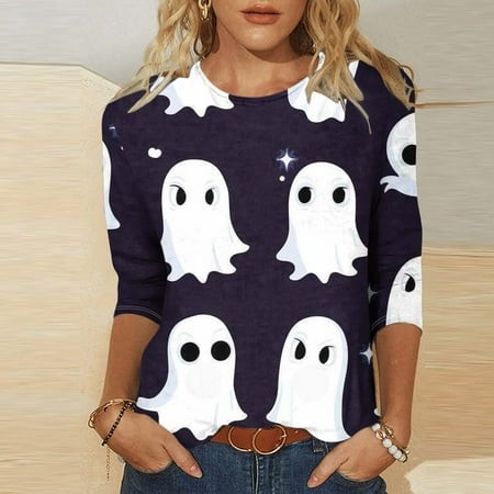 SZJXBUY Halloween 3/4 Sleeve Shirts for Women 2024 Halloween Shirts for Women Cute Vintage Ghost Graphic Tees Crewneck Tops Halloween Funny Gift T Shi