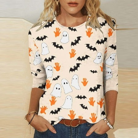 SZJXBUY Women S Blouse  Halloween Shirts for Women 3/4 Length Sleeve Womens Tops 2024 Fall Tshirts Casual Crewneck Ghost Graphic Tee Shirt Multicolor 
