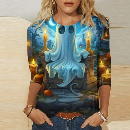 SZJXBUY 3/4 Sleeve Womens Shirt Halloween Shirts for Women 3/4 Length Sleeve Womens Tops 2024 Fall Tshirts Casual Crewneck Ghost Graphic Tee Shirt Mul