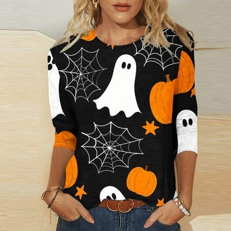 SZJXBUY 3/4 Length Sleeve Women S Shirts Halloween Shirts for Women 3/4 Sleeves Womens Tops 2024 Fall Tshirts Casual Crewneck Ghost Graphic Tee Shirt 