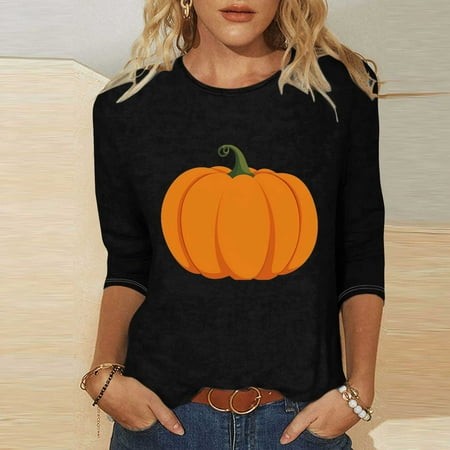 SZJXBUY 3/4 Length Sleeve Womens Tops 2024 Halloween Shirts for Women Cute Vintage Ghost Graphic Tees Crewneck Tops Halloween Funny Gift T Shirt Black