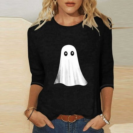 SZJXBUY Women S 3/4 Sleeve Shirt 2024 Halloween Shirts for Women Cute Vintage Ghost Graphic Tees Crewneck Tops Halloween Funny Gift T Shirt Black XXL