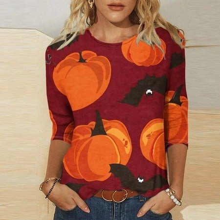 SZJXBUY 3/4 Length Sleeve Women S Tunic Tops Halloween Shirts for Women 3/4 Sleeves Womens Tops 2024 Fall Tshirts Casual Crewneck Ghost Graphic Tee Sh