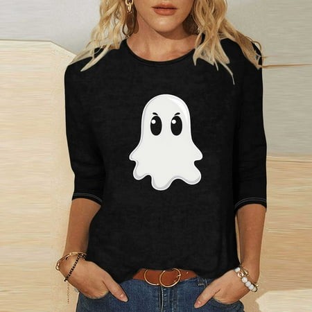 SZJXBUY Women S 3/4 Sleeve T Shirts 2024 Halloween Shirts for Women Cute Vintage Ghost Graphic Tees Crewneck Tops Halloween Funny Gift T Shirt Black M
