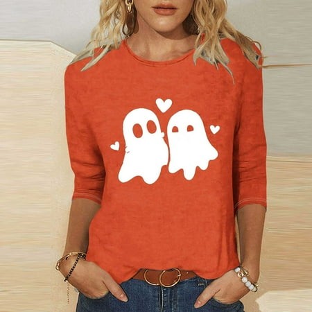 SZJXBUY Women S Tops 3/4 Sleeve 2024 Halloween Shirts for Women Cute Vintage Ghost Graphic Tees Crewneck Tops Halloween Funny Gift T Shirt Orange M