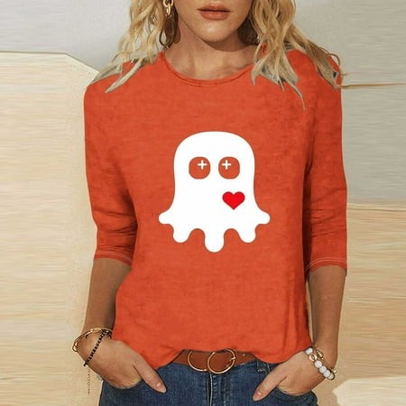 SZJXBUY 3/4 Sleeve T Shirts for Women 2024 Halloween Shirts for Women Cute Vintage Ghost Graphic Tees Crewneck Tops Halloween Funny Gift T Shirt Orang