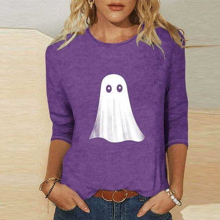 SZJXBUY Women S 3/4 Sleeve Shirt 2024 Halloween Shirts for Women Cute Vintage Ghost Graphic Tees Crewneck Tops Halloween Funny Gift T Shirt Purple XXX