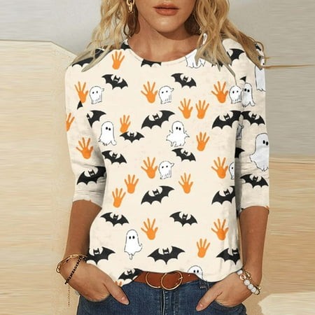 SZJXBUY Blouse Women Halloween Shirts for Women 3/4 Length Sleeve Womens Tops 2024 Fall Tshirts Casual Crewneck Ghost Graphic Tee Shirt Multicolor XXX