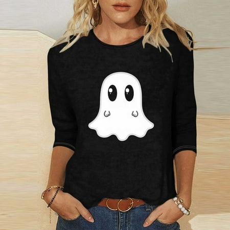 SZJXBUY Womens Shirts 3/4 Sleeve 2024 Halloween Shirts for Women Cute Vintage Ghost Graphic Tees Crewneck Tops Halloween Funny Gift T Shirt Black XL