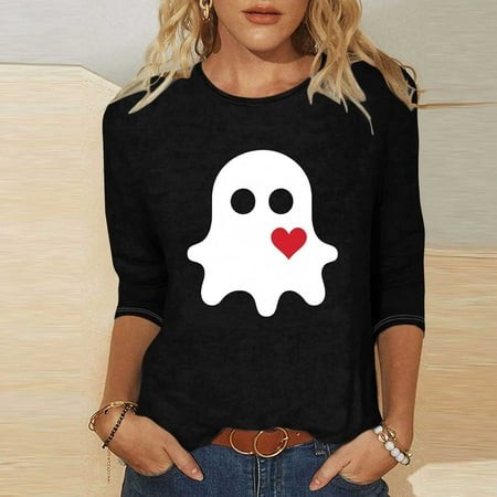 SZJXBUY Women Shirts 3/4 Sleeve 2024 Halloween Shirts for Women Cute Vintage Ghost Graphic Tees Crewneck Tops Halloween Funny Gift T Shirt Black M