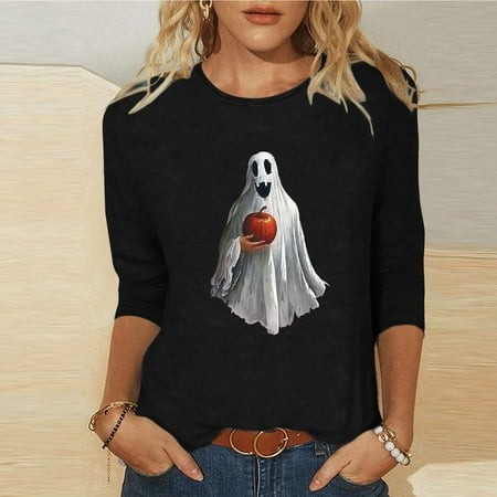 SZJXBUY Women S Tops Halloween Shirts for Women 3/4 Length Sleeve Womens Tops 2024 Fall Tshirts Casual Crewneck Ghost Graphic Tee Shirt Black XXL