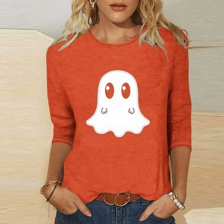 SZJXBUY Womens Shirts 3/4 Sleeve 2024 Halloween Shirts for Women Cute Vintage Ghost Graphic Tees Crewneck Tops Halloween Funny Gift T Shirt Orange M