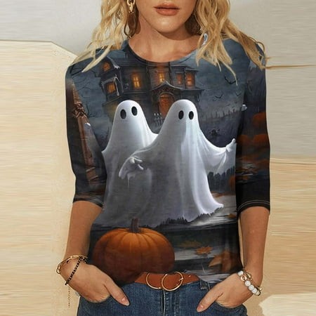 SZJXBUY Women S Shirts Halloween Shirts for Women 3/4 Length Sleeve Womens Tops 2024 Fall Tshirts Casual Crewneck Ghost Graphic Tee Shirt Multicolor X