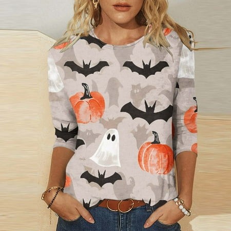 SZJXBUY 3/4 Sleeve Halloween Shirts 2024 Halloween Shirts for Women Cute Vintage Ghost Graphic Tees Crewneck Tops Halloween Funny Gift T Shirt Multico