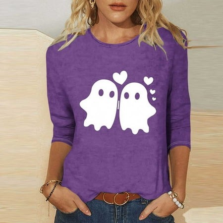 SZJXBUY 3/4 Sleeve Top for Women 2024 Halloween Shirts for Women Cute Vintage Ghost Graphic Tees Crewneck Tops Halloween Funny Gift T Shirt Purple M