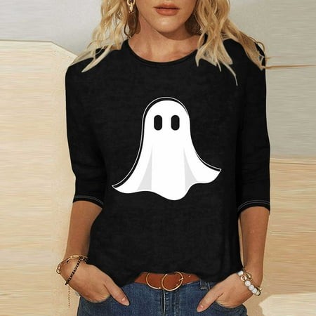 SZJXBUY Women S 3/4 Sleeve Shirts 2024 Halloween Shirts for Women Cute Vintage Ghost Graphic Tees Crewneck Tops Halloween Funny Gift T Shirt Black S