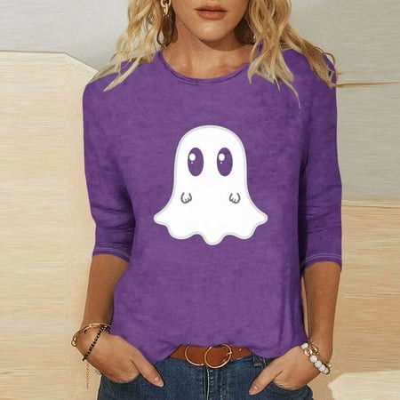 SZJXBUY Womens Shirts 3/4 Sleeve 2024 Halloween Shirts for Women Cute Vintage Ghost Graphic Tees Crewneck Tops Halloween Funny Gift T Shirt Purple XL