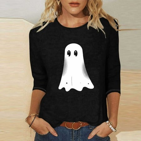 SZJXBUY Women S Top 3/4 Sleeve 2024 Halloween Shirts for Women Cute Vintage Ghost Graphic Tees Crewneck Tops Halloween Funny Gift T Shirt Black M