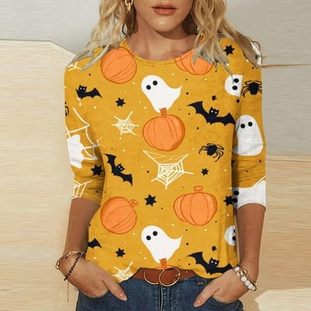 SZJXBUY 3/4 Length Sleeve T Shirt Womens Tops Halloween Shirts for Women 3/4 Sleeves Womens Tops 2024 Fall Tshirts Casual Crewneck Ghost Graphic Tee S