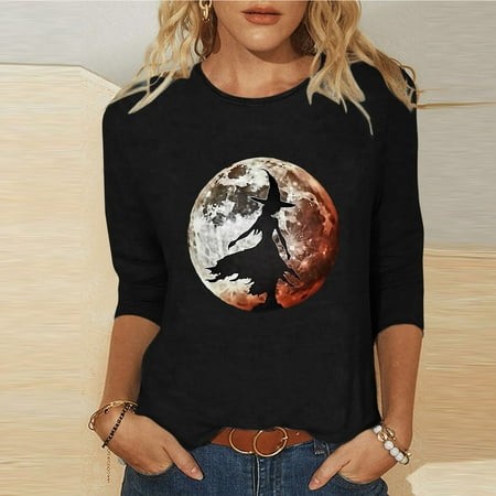SZJXBUY Women S Top  Halloween Shirts for Women 3/4 Length Sleeve Womens Tops 2024 Fall Tshirts Casual Crewneck Ghost Graphic Tee Shirt Black XXL