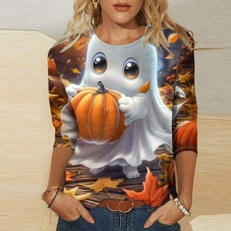 SZJXBUY Womens Blouses  Halloween Shirts for Women 3/4 Length Sleeve Womens Tops 2024 Fall Tshirts Casual Crewneck Ghost Graphic Tee Shirt Multicolor 
