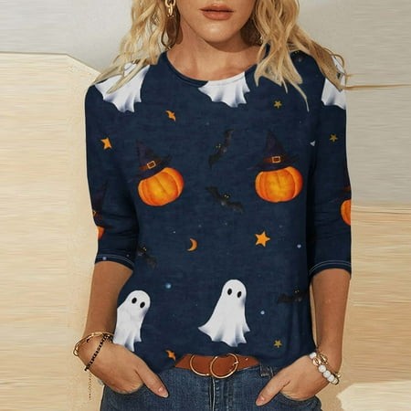 SZJXBUY Blouses for Women Women S Halloween Shirts 3/4 Length Sleeve Womens Tops 2024 Fall Tshirts Casual Crewneck Ghost Graphic Tee Shirt Multicolor 